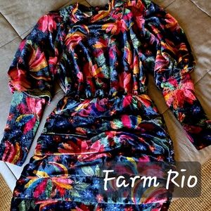 FARM Rio Black Velvet Dress with Multicolor Floral Print